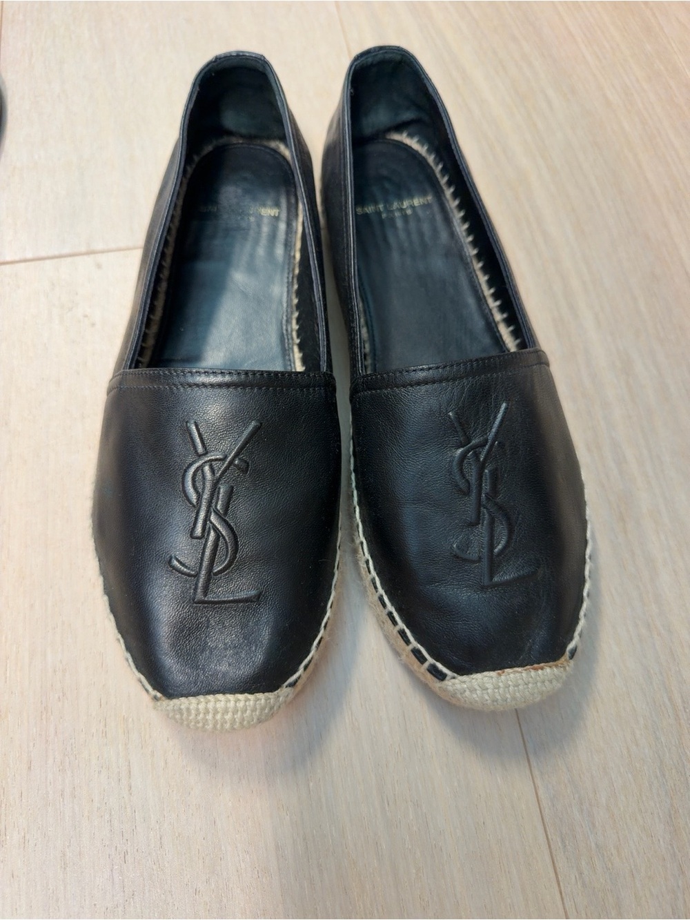 Saint Laurent Black Leather Espadrille Flats with Embossed YSL